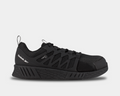 Reebok Work Fushion Flexweave™ Work shoes in black with mesh upper, Flexweave support frame, and cushioned outsole, side view.