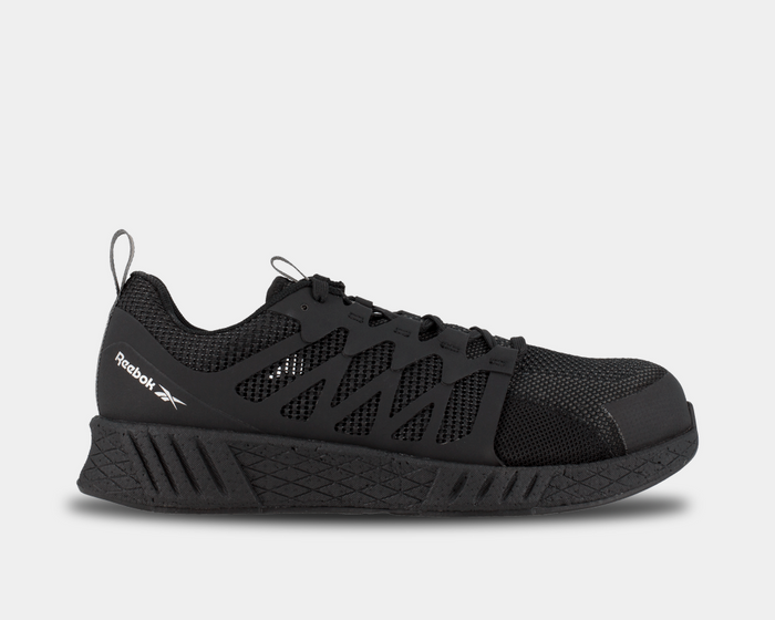 Reebok Work Fushion Flexweave™ Work shoes in black with mesh upper, Flexweave support frame, and cushioned outsole, side view.