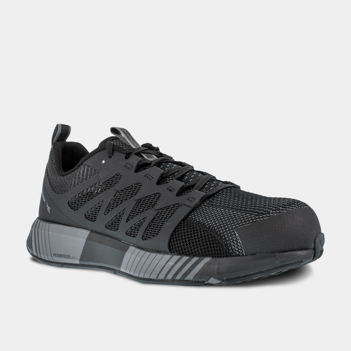 Reebok Work Fushion Flexweave™ Work shoes in black with mesh upper, durable Flexweave design, and cushioned sole, front-side view.