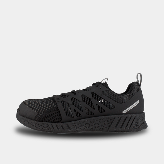 Reebok Work Fushion Flexweave™ Work shoes in black with Flexweave mesh upper, durable outsole, and pull-tab design, side view.