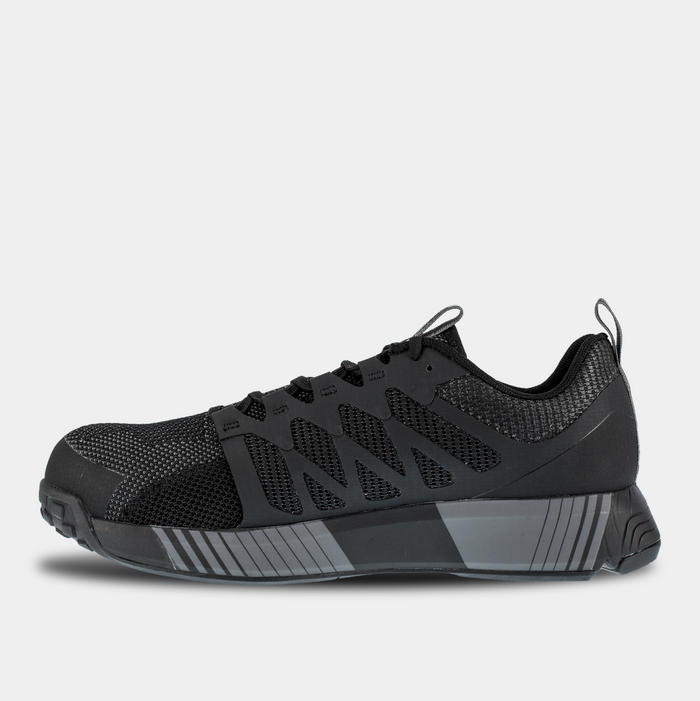 Reebok Work Fushion Flexweave™ Work shoes black with Flexweave mesh upper and slip-resistant outsole, side view.