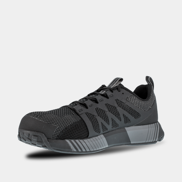 Reebok Work Fushion Flexweave™ Work shoes in black, featuring Flexweave mesh upper, composite toe, and slip-resistant outsole, front-side view.