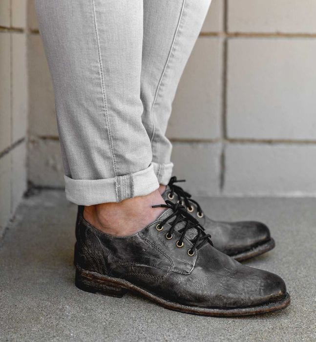 Bed Stu Galao oxford shoes in distressed black leather with lace-up design and weathered finish, side view worn casually.
