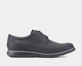 Rockport Garett Plain Toe shoes in matte black leather with tonal stitching and lightweight sole, side view.