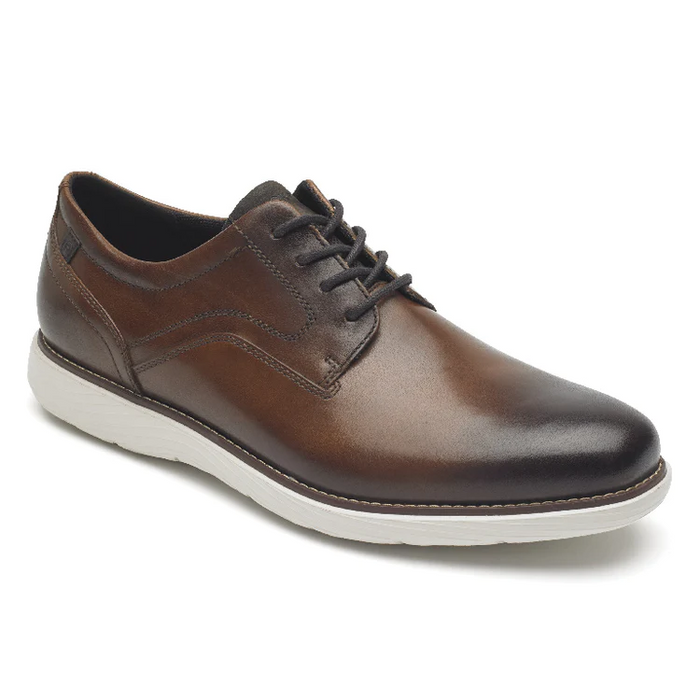 Rockport Garett Plain Toe shoes in brown leather with white sole and lace-up design, side angle view.