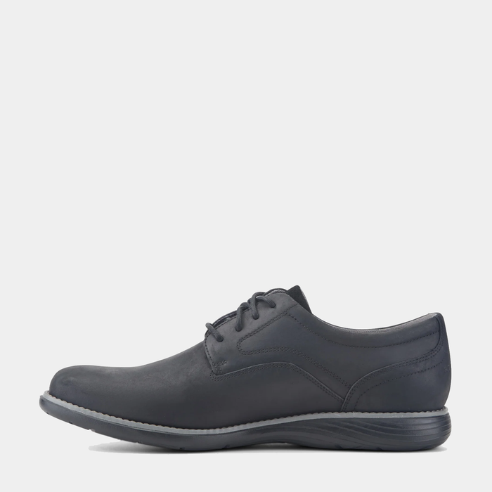 Rockport Garett Plain Toe dress shoes in sleek black leather with a simple lace-up design and lightweight sole, side view.