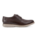 Rockport Garett Plain Toe shoes in dark brown leather with tonal stitching and beige textured sole, side view.