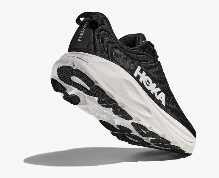 HOKA Gaviota 6 running shoes in black with supportive cushioning and white outsole, side and outsole view.
