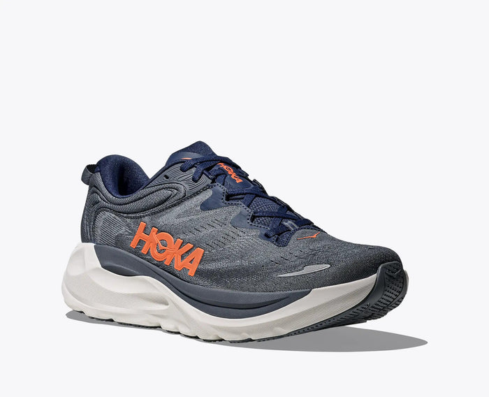 HOKA Gaviota 6 running shoes in navy blue with contrasting orange logo, plush cushioning, and breathable mesh upper, front side view.