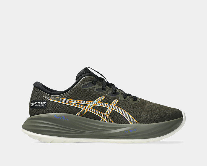 Asics Gel-Cumulus 27 GTX running shoes in olive green with Gore-Tex Invisible Fit upper and PureGEL cushioning, side view