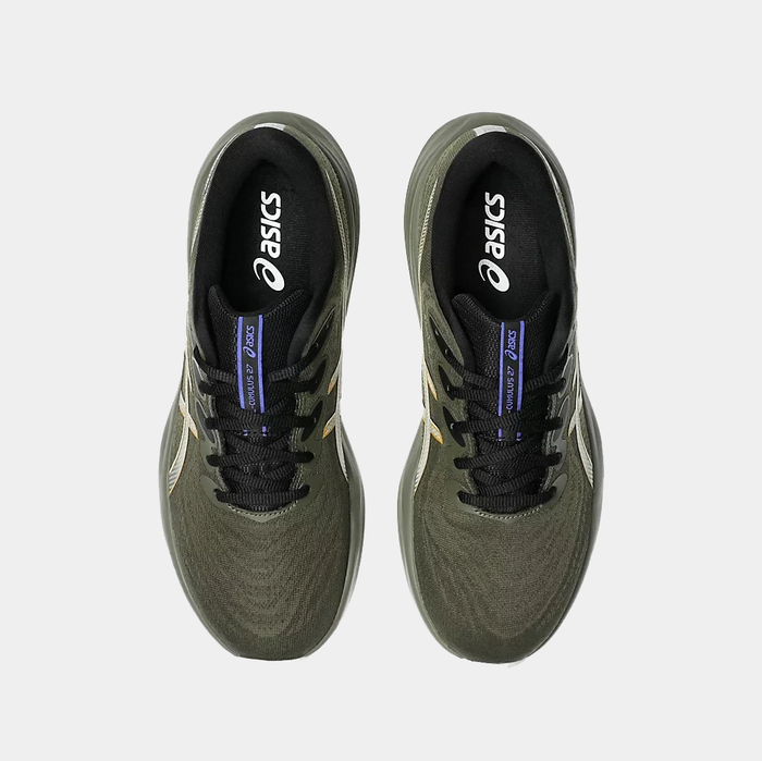Asics Gel-Cumulus 27 GTX running shoes in olive green with Gore-Tex upper for waterproof protection, top view showing lace-up closure and branded insoles.