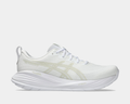White running shoe with a visible brand logo on a light gray background
