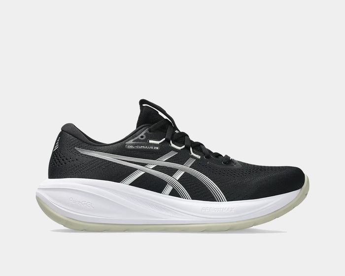 Asics Gel-Cumulus 28 running shoes in black with white and silver accents, featuring breathable mesh upper and FF BLAST cushioning, side view.