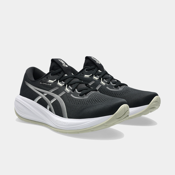 Asics Gel-Cumulus 28 running shoes in black with mesh upper, white midsole, and light green outsole, angled front side view.