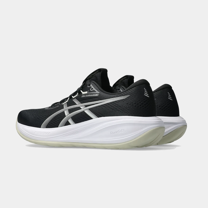 Asics Gel-Cumulus 28 running shoes in black with white accents, PureGEL cushioning, and breathable mesh upper, side and back view.