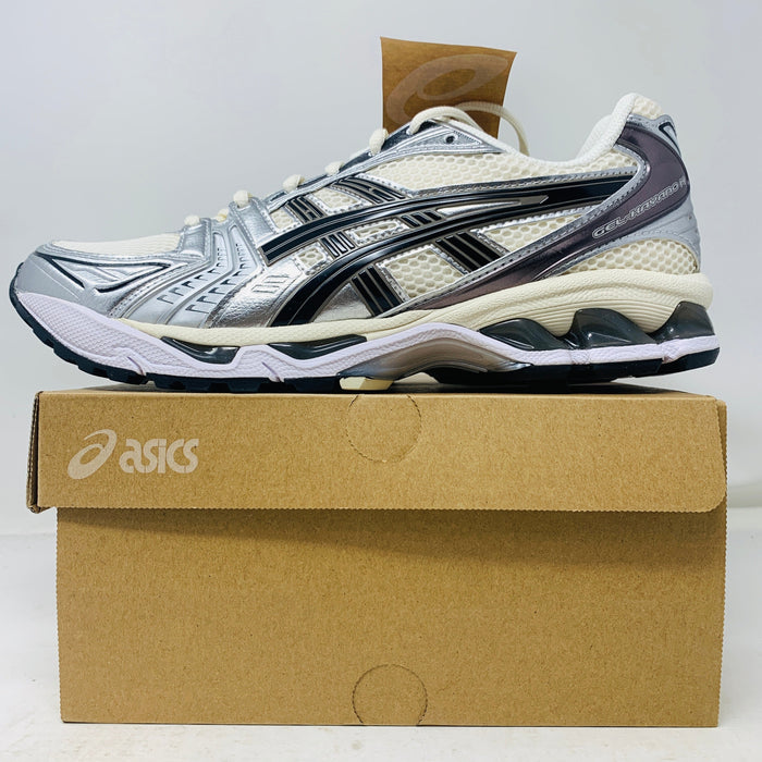 ASICS Gel-Kayano 14 Cream Black Metallic Plum sneaker on box, brand new condition.