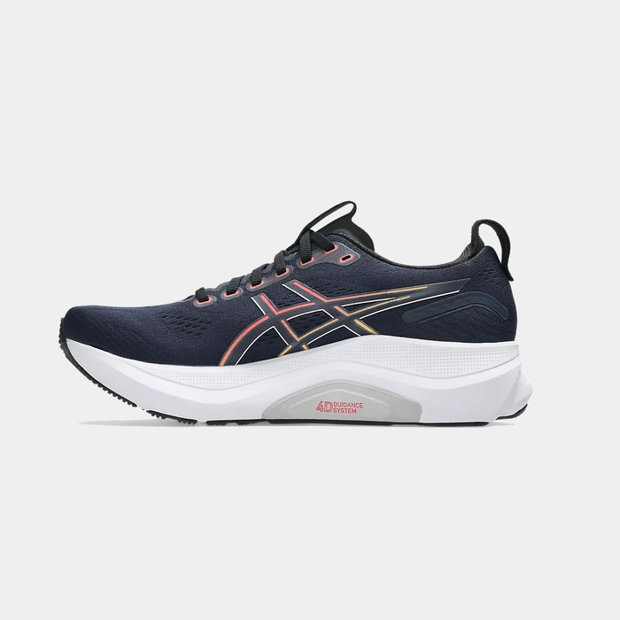Asics Gel-Kayano 32 running shoes in navy blue with breathable mesh upper, white midsole, and 4D Guidance System, side view.