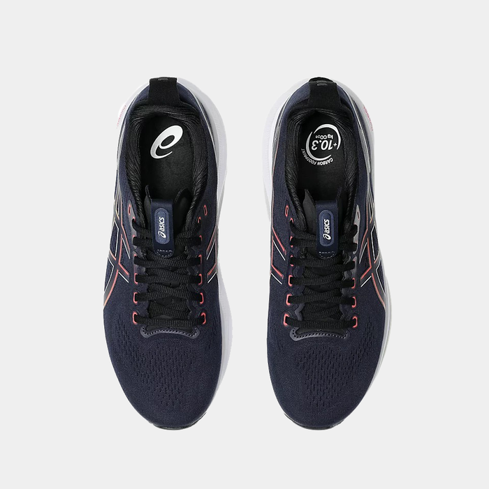 Asics Gel-Kayano 32 running shoes in navy blue and red with breathable mesh upper and secure lace system, top view.