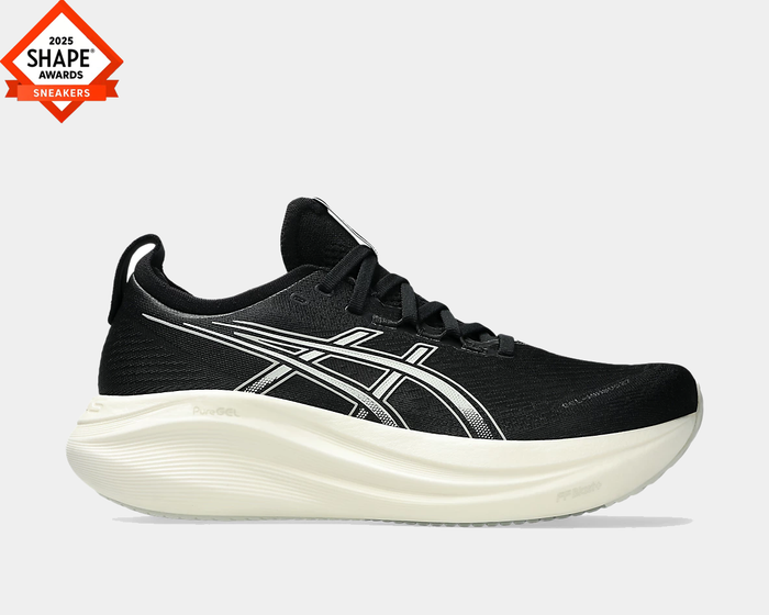 Asics Gel-Nimbus 27 running shoes in black with white detailing, featuring PureGEL cushioning and FF Blast+ midsole, side view.