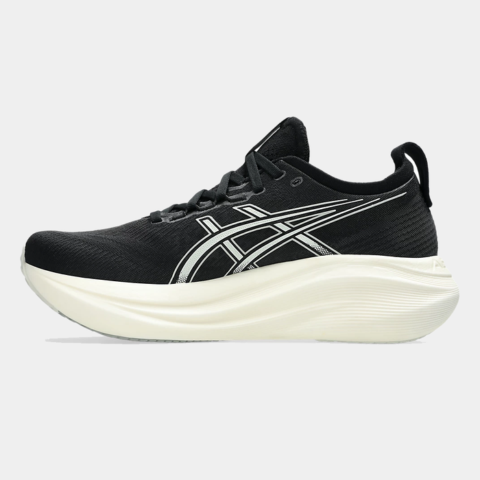 Asics Gel-Nimbus 27 running shoes in black with mesh upper and white foam midsole, side view showing Asics logo detailing.
