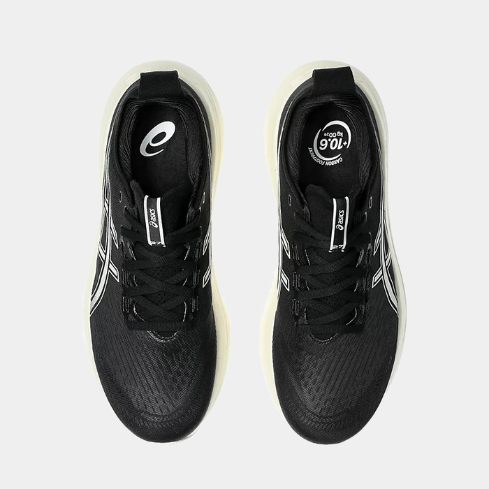 Asics Gel-Nimbus 27 running shoes in black with a mesh upper and lace-up design, top view.