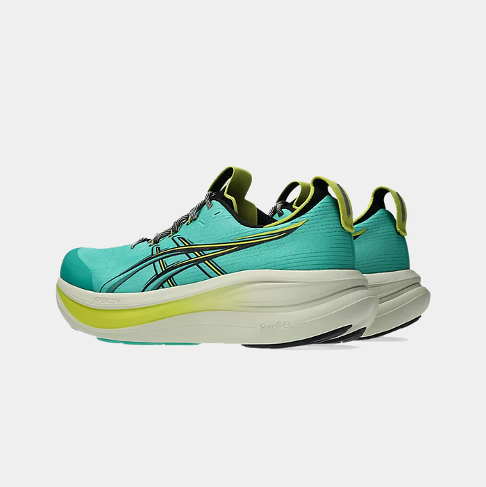 Asics GEL-Nimbus 28 TR running shoes side view in aqua blue with lime green accents, featuring PureGEL cushioning and FF Blast midsole.