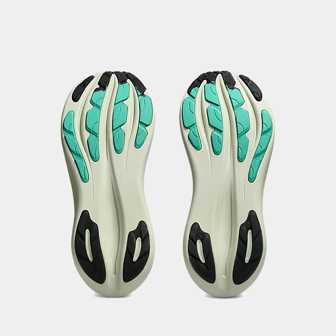 Asics GEL-Nimbus 28 TR running shoes outsole with teal and black rubber tread on beige base, sole/bottom view.