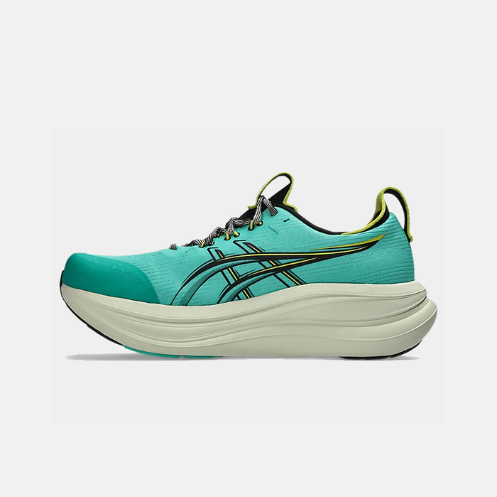 Asics GEL-Nimbus 28 TR running shoes in turquoise with black and neon yellow accents, featuring a cushioned midsole and breathable mesh upper, side view.