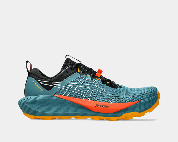 Asics Gel Trabuco 13 trail running shoes in teal blue with orange accents, breathable mesh upper, and durable outsole, side view.