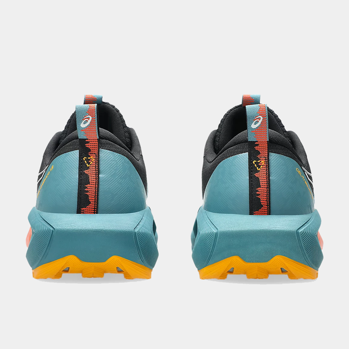 Asics Gel Trabuco 13 trail running shoes back view in teal blue, black, and orange with textured heel design and reinforced outsole.