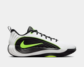 Nike Giannis Immortality 5 basketball shoes in white with black and neon green accents, featuring a bold sculpted midsole and side profile.
