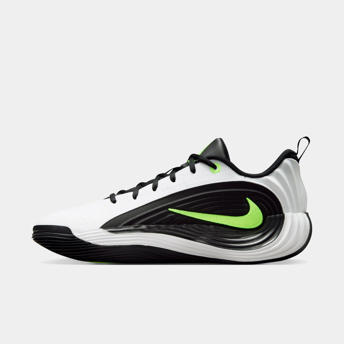 Nike Giannis Immortality 5 basketball shoes in white, black, and neon green with curved side panel design, side view.