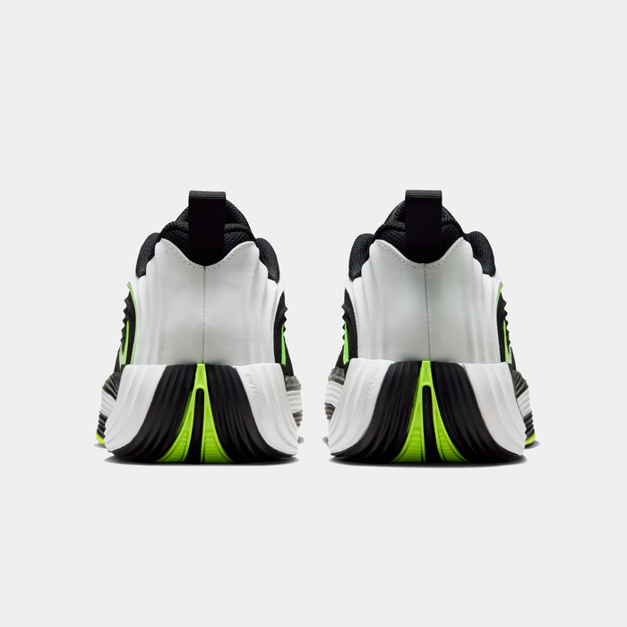Nike Giannis Immortality 5 basketball shoes back view showing heel design in white, black, and neon green accents