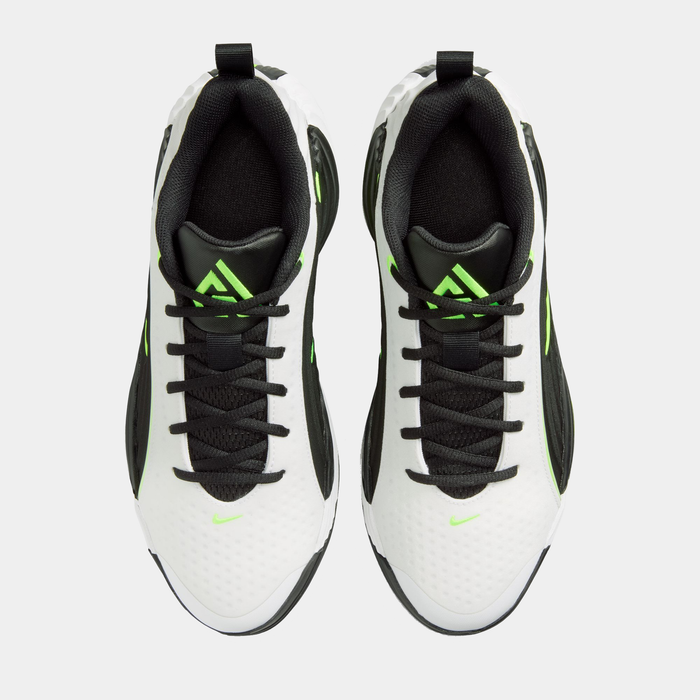Nike Giannis Immortality 5 basketball shoes top view in white, black, and neon green featuring perforated upper and lace system.
