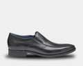 A black, hand-finished, full grain upper shoe with a blue lined interior and a durable rubber outsole.