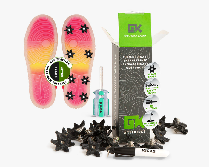 Golfkicks GOLFKICKS® V5 Traction Kit with black soft spikes and screwdriver, turns sneakers into golf shoes.