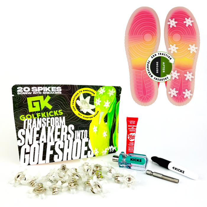 Golfkicks GOLFKICKS® V5 Traction Kit with 20 clear spikes, screwdriver, and adhesive tube, enhancing sneaker grip.