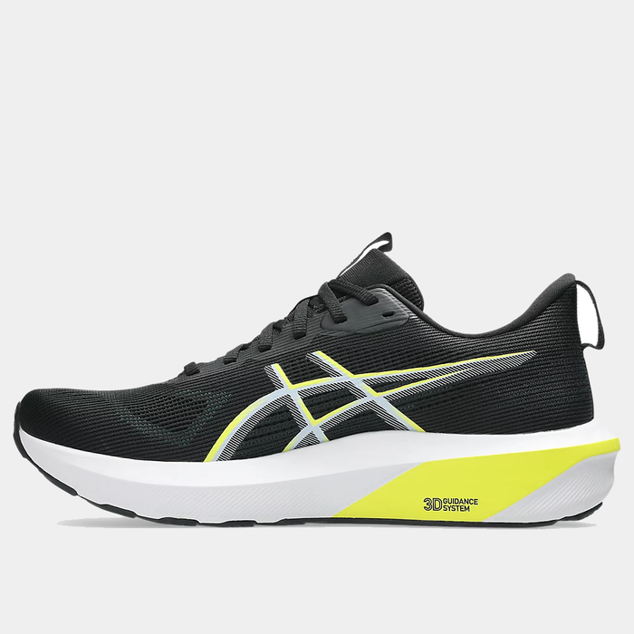 Asics GT-1000 14 running shoes in black with yellow and white accents, mesh upper, and 3D Guidance System, side view.