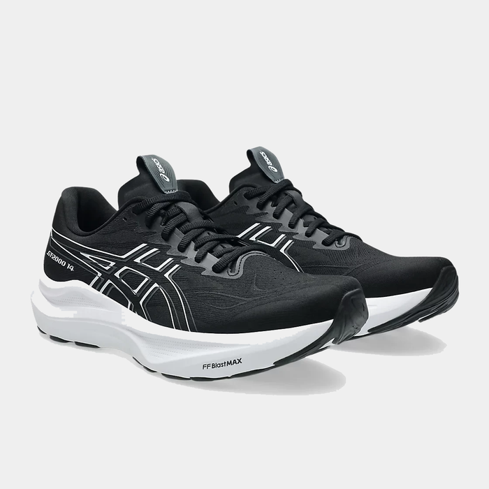 Asics GT-2000 14 running shoes in black with white midsoles, engineered mesh upper, and FF Blast MAX cushioning, angled front side view.