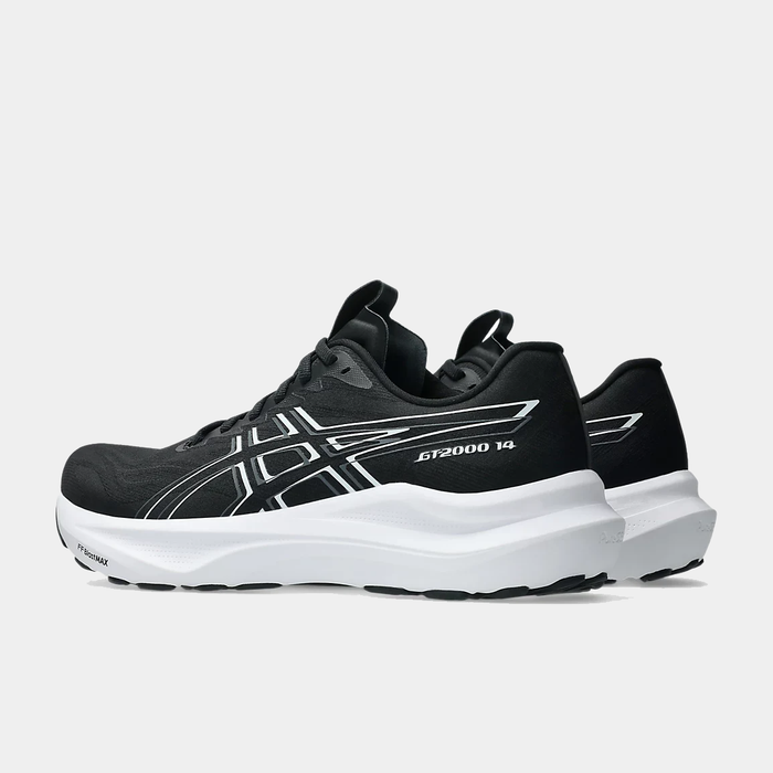 Asics GT-2000 14 running shoes in black with white accents, FF BLAST midsole cushioning, side angle view.