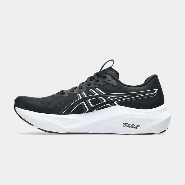 Asics GT-2000 14 running shoes in black with white accents, 3D Guidance System, and cushioned sole, side view.