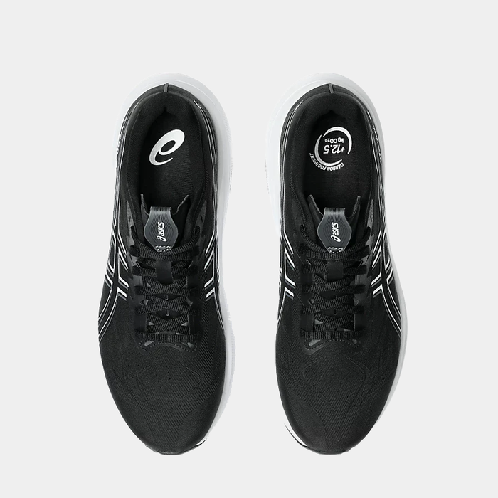 Asics GT-2000 14 running shoes in black with mesh upper and padded tongue, top view showing lacing system and interior branding.