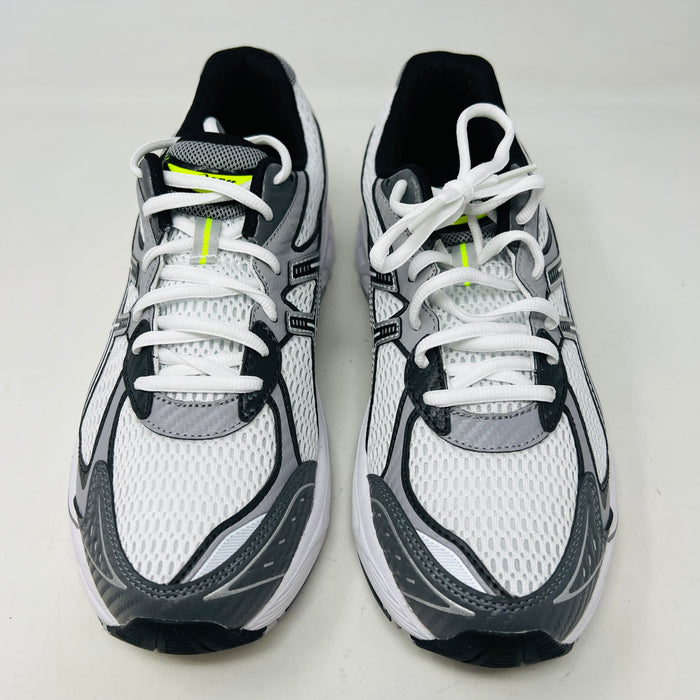 A brand new pair of ASICS GT-2160 JJJJound White sneakers, featuring mesh details and black stripes, is displayed on a black ASICS shoe box with extra laces in front for a complete authentic look.