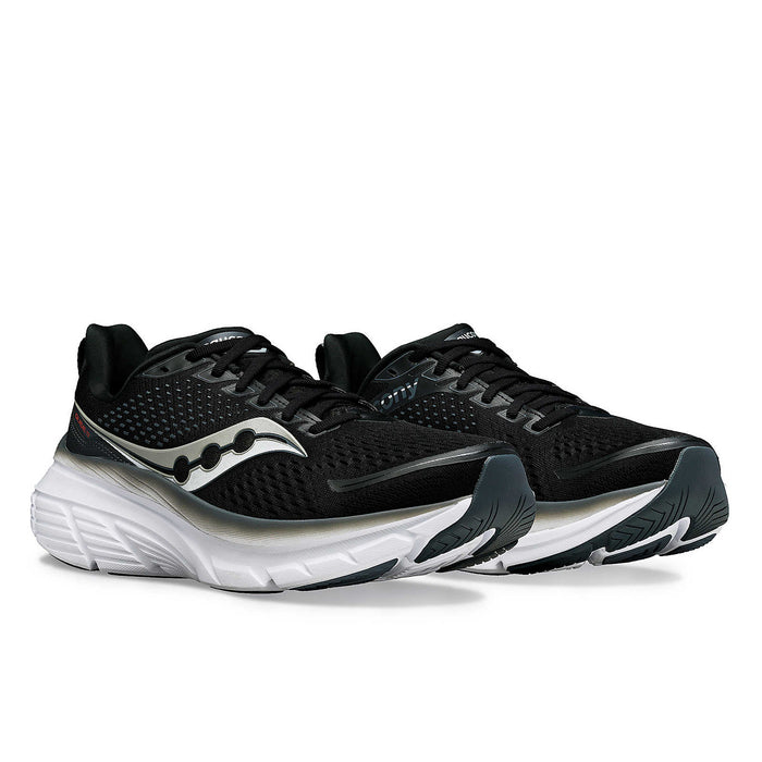 Saucony Guide 17 running shoes in black with mesh upper and white cushioned sole, front angled view.