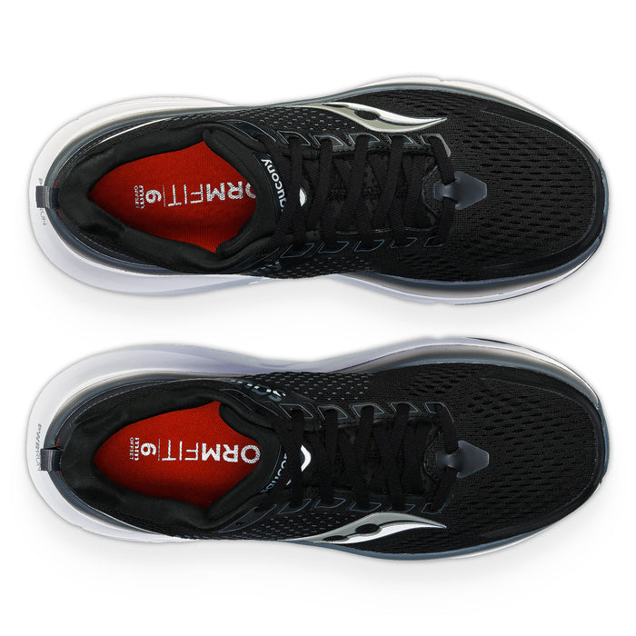 Saucony Guide 17 running shoes top view, black mesh upper, white details, red insoles, and cushioned midsoles.