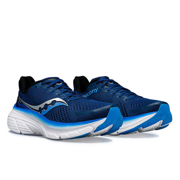 Saucony Guide 17 running shoes in blue with engineered mesh upper, PWRRUN cushioning, and white outsole, angled front view.