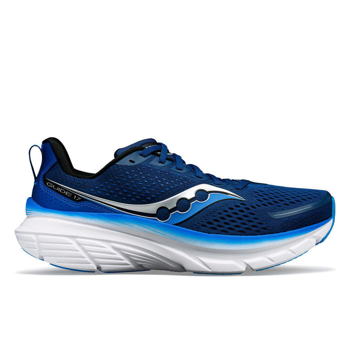 Saucony Guide 17 running shoes in blue with a breathable mesh upper, silver logo detailing, and white cushioned midsole, side view.