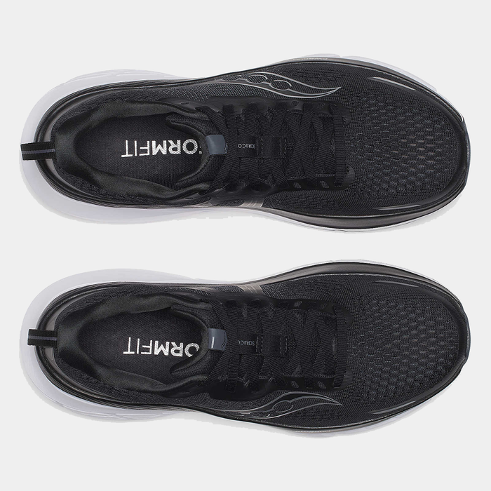 Saucony Guide 18 running shoes in black with mesh upper and lace system, top view.