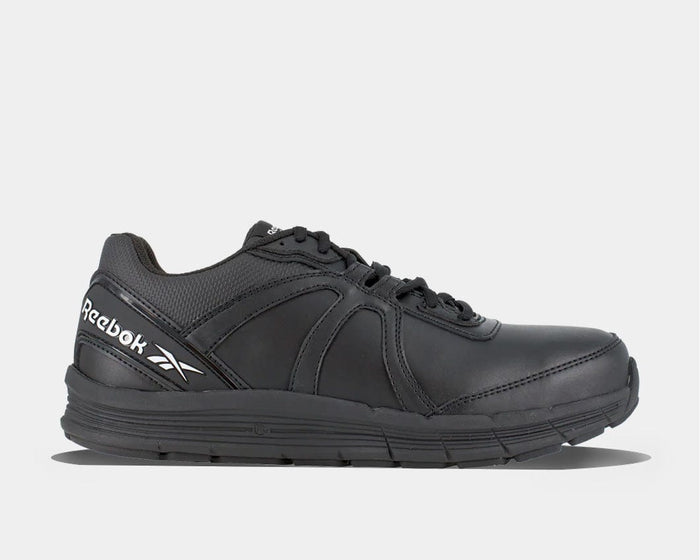 Reebok Work Guide Work Steel Toe Work Shoes in black with durable leather upper and slip-resistant outsole, side view.