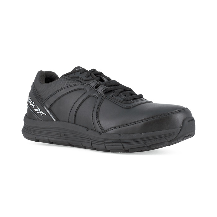 Reebok Work Guide Work Steel Toe work shoes in black with leather upper and slip-resistant outsole, side angle view.